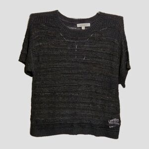 ELLEN TRACY Short Sleeve Open Knit Sweater Women Sz L Black Crochet NWT Layering